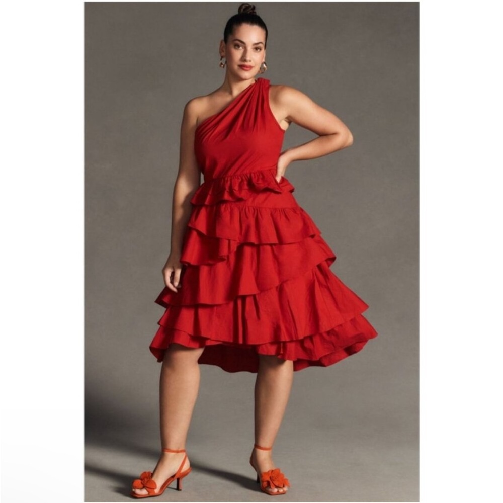 NWT Anthropologie One Shoulder Tiered Ruffle Midi Dress Red size 14